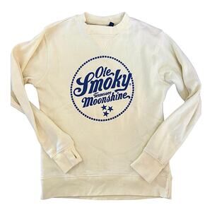 Ole Smoky Moonshine Sweatshirt Yellow Navy Logo Front Print Thumb Holes Sz Small